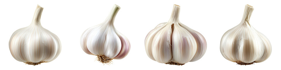Obraz premium Set of garlic bulbs showcasing different angles and perspectives. Fresh organic produce for cooking and health