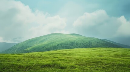 The mountaintop's green grassland stretches under a sky painted with light, airy clouds, providing a tranquil and expansive visual effect.