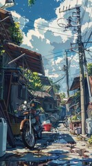 Brightly lit motorbike washing area surrounded by quaint houses and power lines, showcasing a lively atmosphere on a sunny day