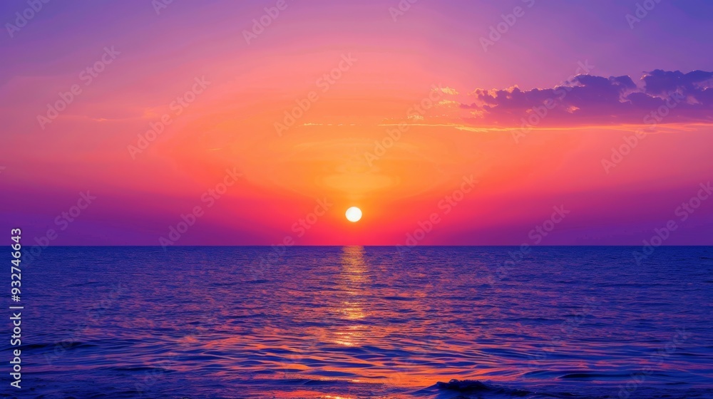 Poster The setting sun creates a spectacular display of color, with vibrant oranges and deep purples merging into a beautiful evening sky.