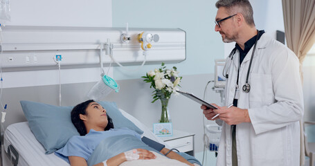Clipboard, bed and doctor with patient in hospital for healthcare, consultation or recovery...