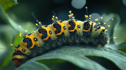 Close up of a pest caterpillar on an orange tree or the Latin name will become a butterfly Papilio demoleus background wallpaper AI generated image