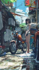 Obraz premium A young woman in casual clothes cleans her motorbike in a colorful alley filled with sunlight and reflections on the wet ground