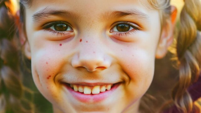 Happy girl smiling outdoors with braids in sunny garden during summer