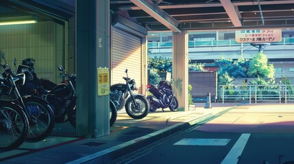 A collection of motorcycles parked in an anime-inspired parking area during the early evening, highlighting a peaceful urban atmosphere
