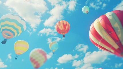 Fototapeta premium Vibrant air balloons floating against a clear blue sky with fluffy white clouds creating a colorful and dreamy background for various uses.