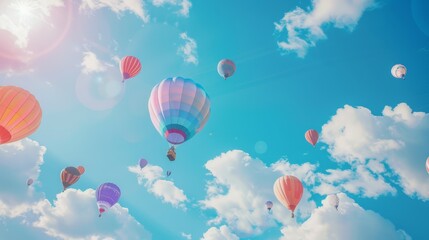 Fototapeta premium Vibrant air balloons floating against a clear blue sky with fluffy white clouds creating a colorful and dreamy background for various uses.