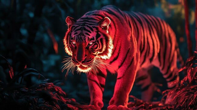 A tiger animal with a dynamic red style that glows in the dark background wallpaper AI generated image