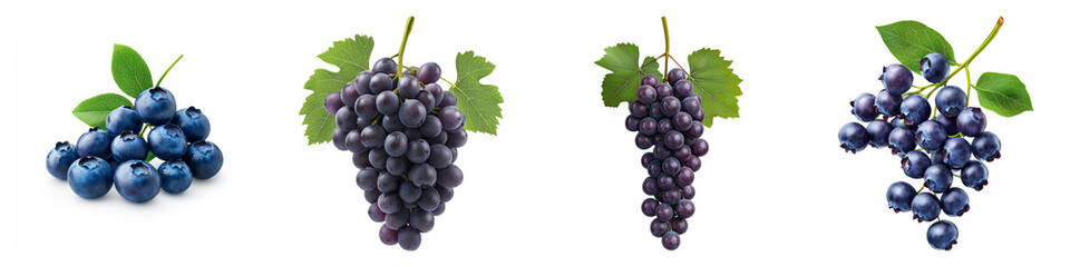 Fototapeta premium Fresh grapes collection with green leaves, showcasing different varieties of grapes for food and drink concepts