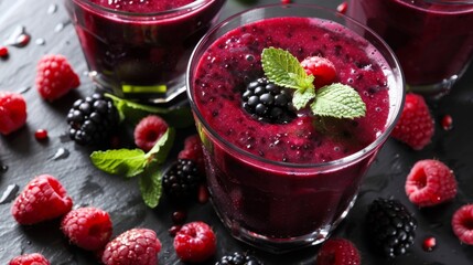 Vibrant mixed berry smoothie with raspberries blackberries and mint