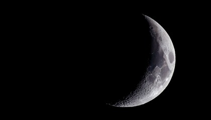 Naklejka premium Detailed Crescent Moon in the night sky. Crescent Moon on black background with space for Ramadan theme.