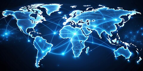 Digital map of world with glowing blue connections between cities, symbolizing global connectivity and technology exchange