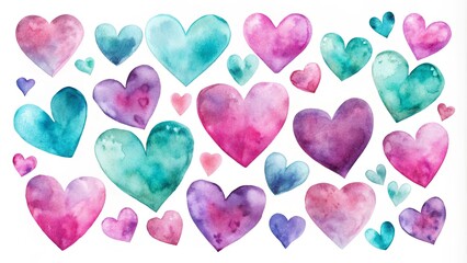 Fototapeta premium Watercolor hearts in pink, purple, and teal shades of various shapes on white background