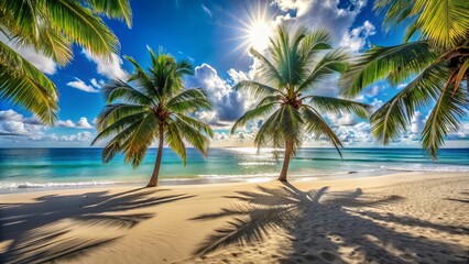 Fototapeta premium Beautiful tropical beach scene with palm trees casting shadows on sandy shore under the sun