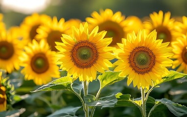 Vibrant yellow sunflowers in a field bathed in warm sunlight.