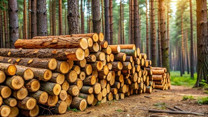 Wood logs stacked in a pine forest