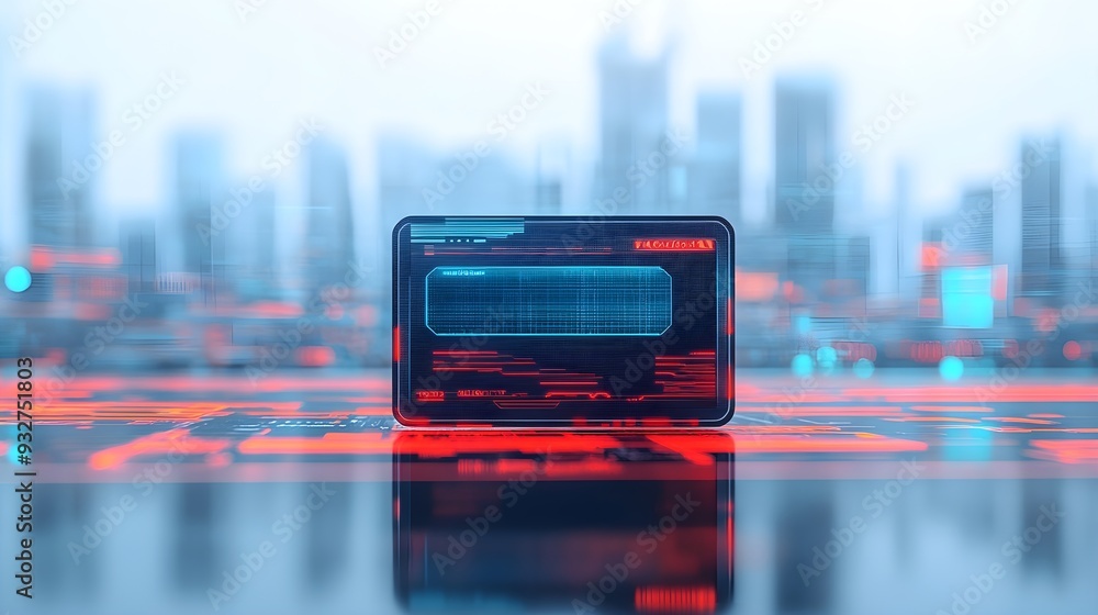 Poster futuristic tech interface with cityscape background