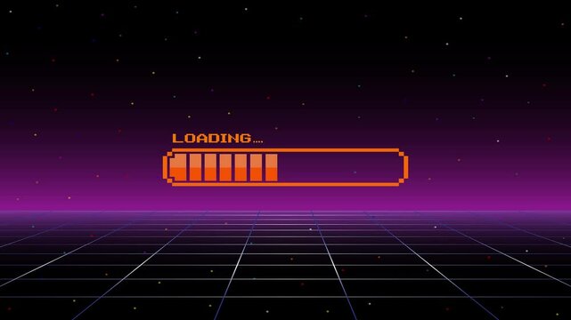 LOADING bar .pixel art .8 bit. retro game. for game assets in vector illustrations. Retro Futurism Sci-Fi Background. glowing neon grid and star from vintage arcade computer game.
