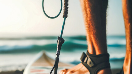 surfboard leash and ankle strap, with the surfboard and ocean in the blurred background.