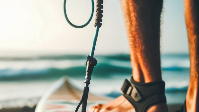 surfboard leash and ankle strap, with the surfboard and ocean in the blurred background.