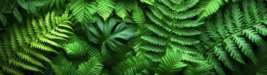 Fototapeta premium Close-up of lush green ferns and leaves, nature background.