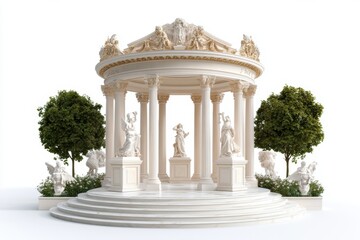 Fototapeta premium Luxurious garden pavilion featuring marble flooring, intricate sculptures, and regal decor, presented in a photorealistic style