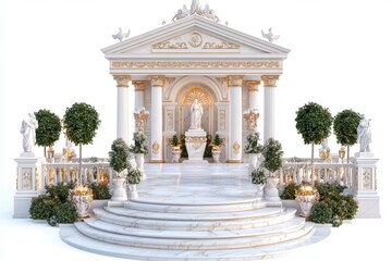 Obraz premium Luxurious garden pavilion featuring marble flooring, intricate sculptures, and regal decor, presented in a photorealistic style