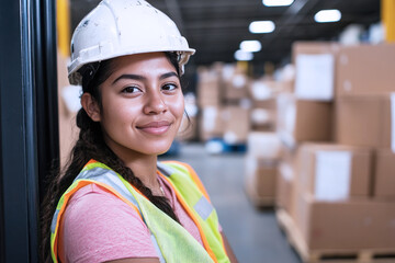 Hispanic worker in safety uniform driving forklift at warehouse