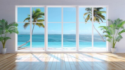 Tropical Beach View Through Large Window