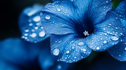 Close-up of a blue flower with water droplets on its petals.