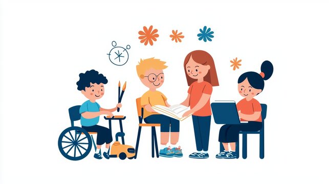 Diverse Children Learning Together: Inclusivity in Education Flat Design Illustration