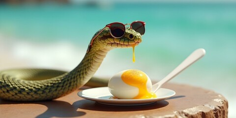 A snake wearing sunglasses and eating an egg at a table, presenting a quirky and amusing scene with a focus on the unusual combination of the snake and the sunglasses