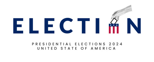 Presidential election 2024. Halftone collage of a womans hand lowering a ballot, a sheet of white paper into a ballot box in the colors of the American flag. Trendy vector illustration