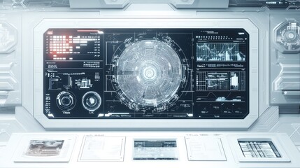 Fototapeta premium Futuristic white digital interface with geometric abstract elements, creating a sleek and clean aesthetic.