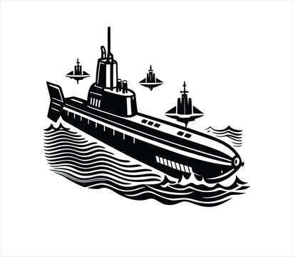 black submarine on water, retro style clip art preview