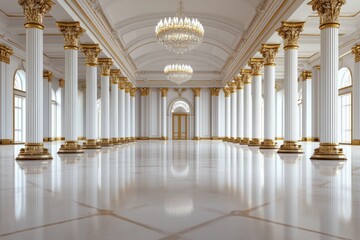 Fototapeta premium Lavish palace ballroom featuring polished floors, gilded columns, and crystal chandeliers, designed in a Renaissance style