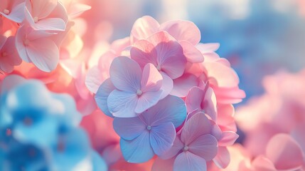 Fototapeta premium Close-up of delicate pink and blue hydrangea blossoms in soft sunlight.