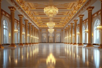 Fototapeta premium Lavish palace ballroom featuring polished floors, gilded columns, and crystal chandeliers, designed in a Renaissance style