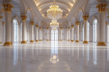 Fototapeta premium Lavish palace ballroom featuring polished floors, gilded columns, and crystal chandeliers, designed in a Renaissance style