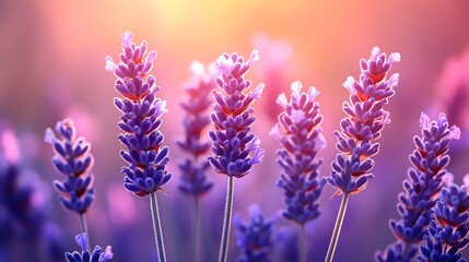Obraz premium Close-up of lavender flowers in a field at sunset.
