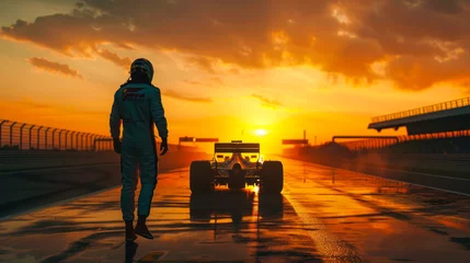  New Formula One pilot going to his racing car on track at sunrise. Career start. New season of F1 World Championship. Unrecognizable F1 pilot in helmet standing at a racing car at sunset End of career © Dina Photo Stories