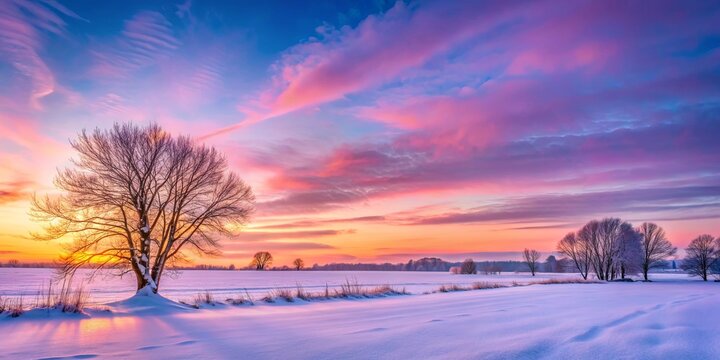 Tranquil winter sunset scene with soft pink and purple hues over a snowy field