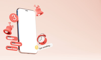 Phone reminder message on white screen. New notice on the smartphone. Alert notification bell with clock alarm. Important event push message. Calendar reminder notification speech bubble. -3d render
