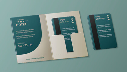 Modern technology hotel and office room key card with cover. Realistic vector illustration of apartment plastic keycard with magnetic strip and text place mockup. Safety entry control template.