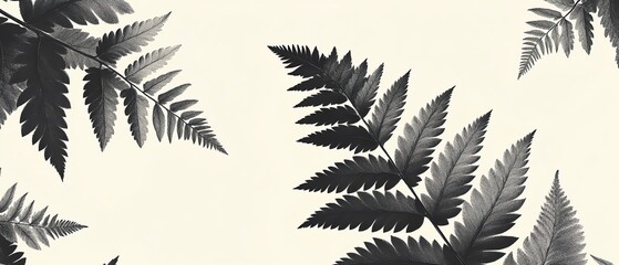 Stylized botanical illustrations of ferns and leaves in monochrome, creating a modern and sophisticated look