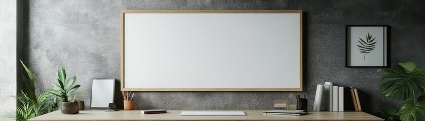 Modern Minimalist Workspace with Blank Whiteboard and Green Plants in Stylish Office Setting
