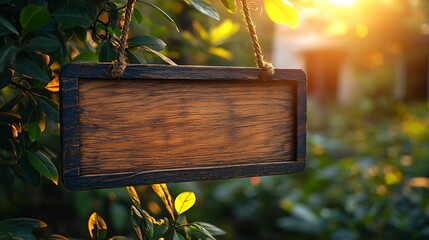 Light wooden nameplate hanging on a tree branch in front of the house