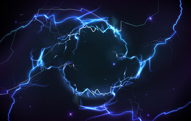 Blue thunder bolt light and electric energy discharge in form of circle on black background. Realistic 3d vector illustration round frame from storm lightning power effect. Thunderbolt strike border.