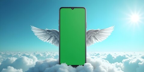 Smartphone with wings and a green screen against a cloudy sky, ideal for chroma key mockup and branding, capturing a surreal and imaginative design concept