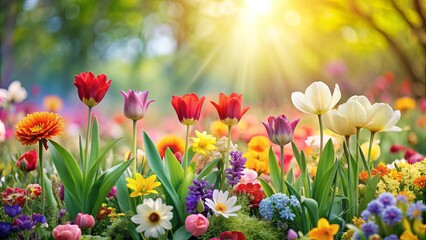 Fototapeta premium Vibrant spring flowers blooming in a sunny garden